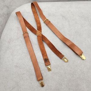 Vintage 70s Trafalgar Suspenders Tan Leather Gold Clip-On X-Back Western Boho
